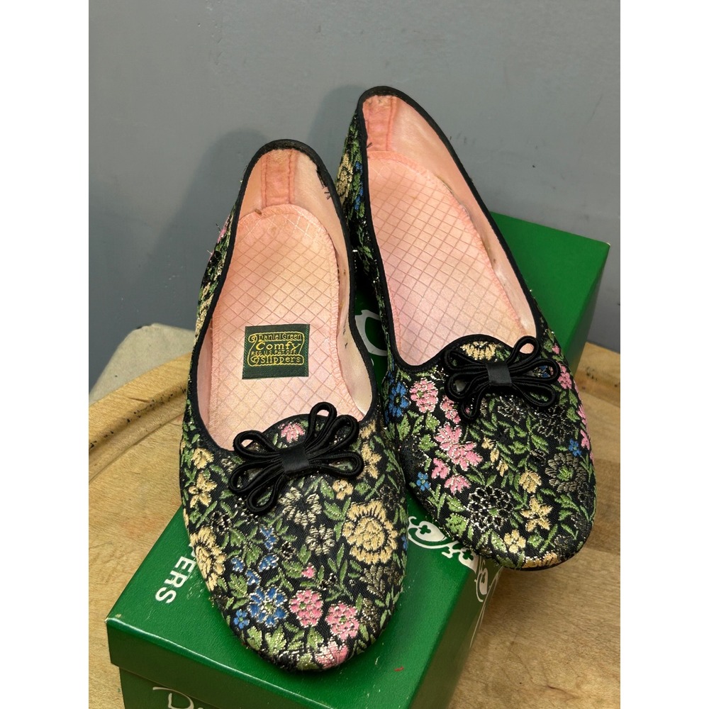 Daniel Green Slippers Women 7.5 Black Lotus Floral Tapestry Vintage Bow 20142